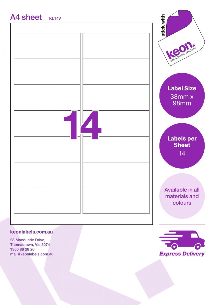 38.1mm x 98mm labels on an A4 label sheet template showing 14 labels per sheet