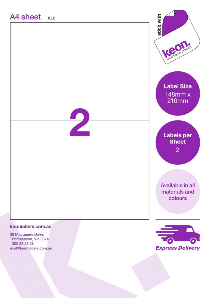 148mm x 210mm labels on an A4 label sheet template showing 2 labels per sheet