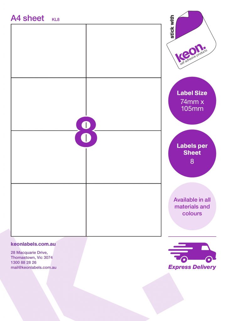 74mm x 105mm labels on an A4 label sheet template showing 8 labels per sheet