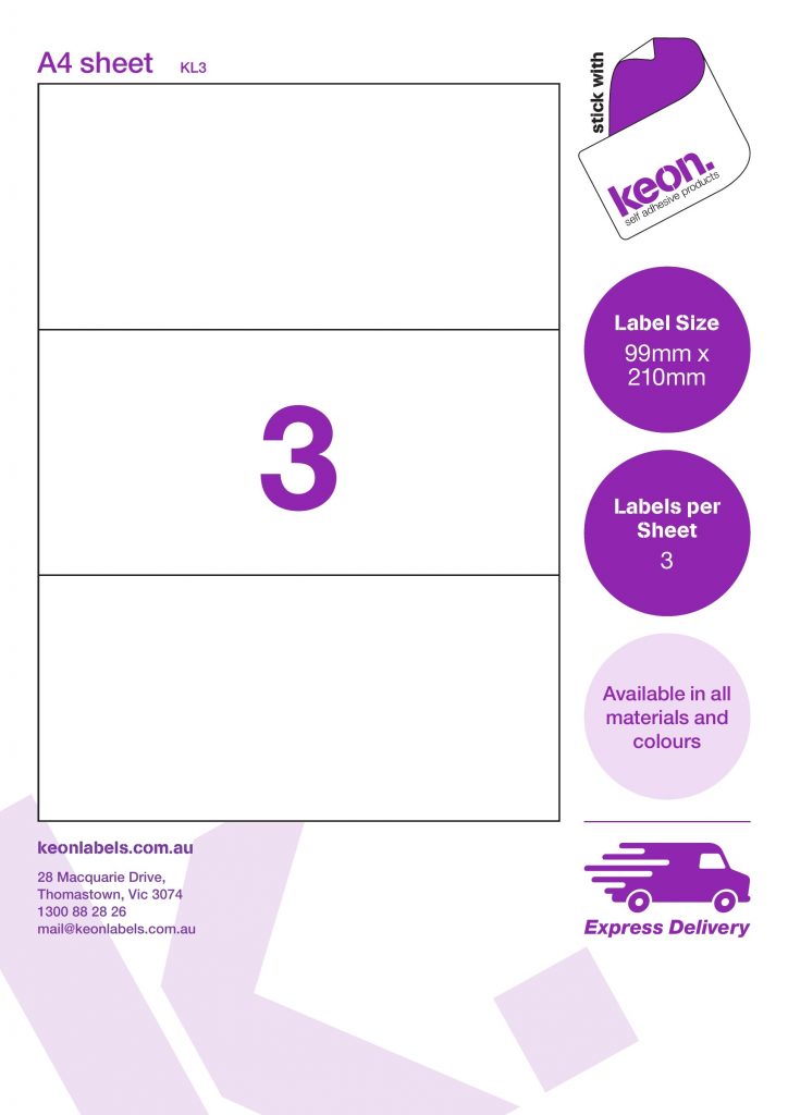 99mm x 210mm labels on an A4 label sheet template showing 3 labels per sheet