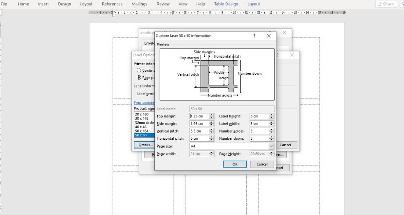 entering dimensions in the Microsoft custom label window