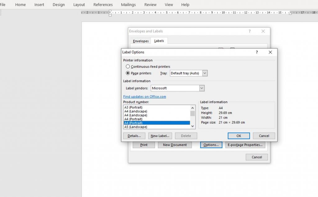 Microsoft word label template label options window