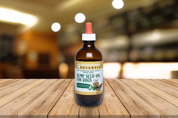 A bottle of hemp seed oil for dogs