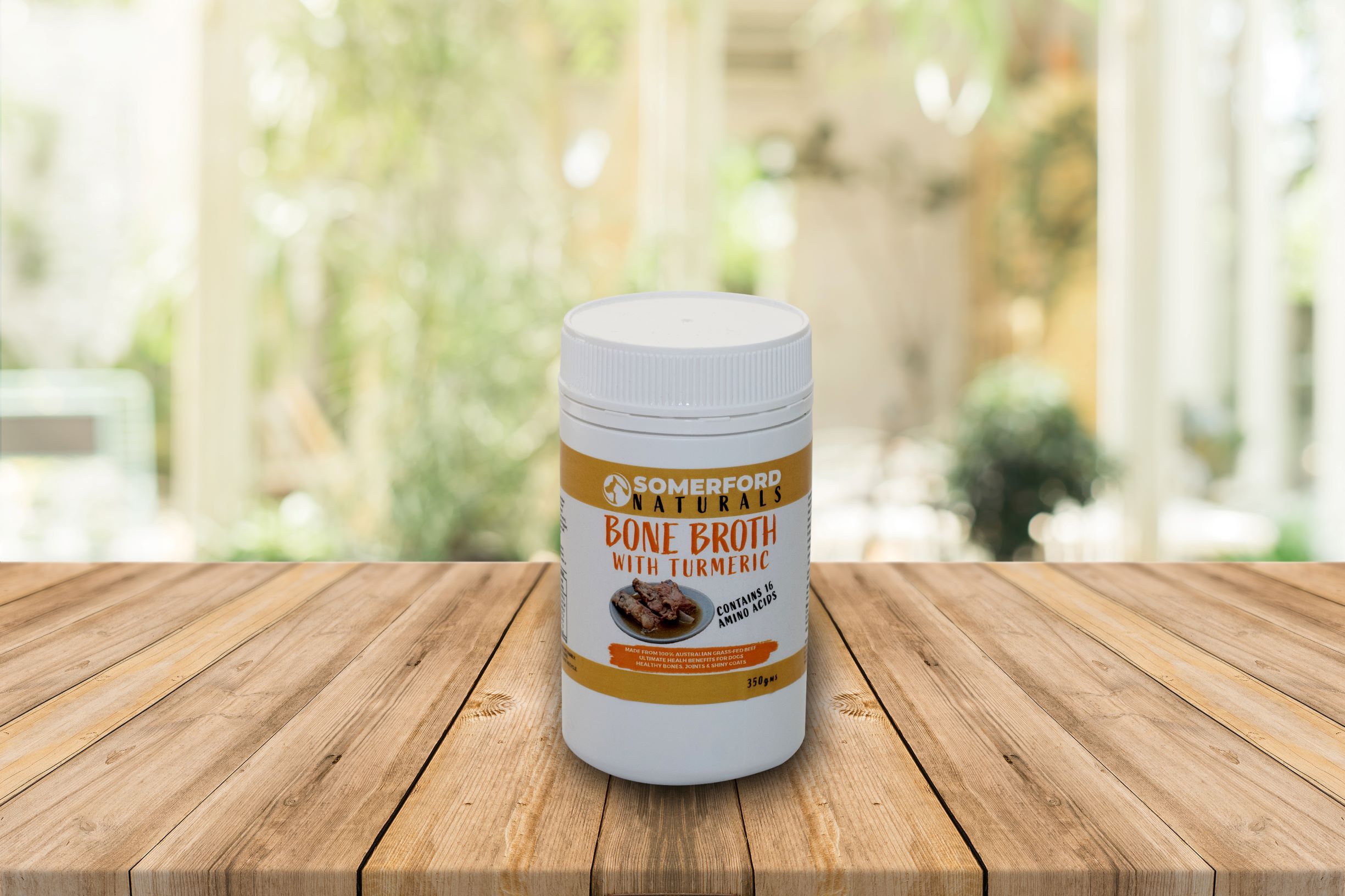 A bottle of Tumeric Bone Broth for dogs